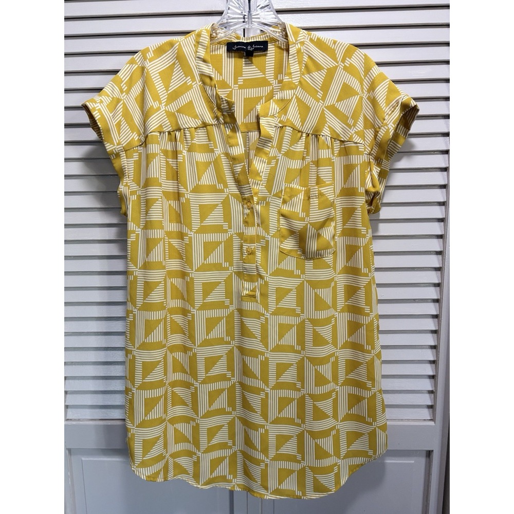 Jasmine & Juliana Yellow/White Geo‎ Blouse Size M Cap Sleeve Chiffon Buttons